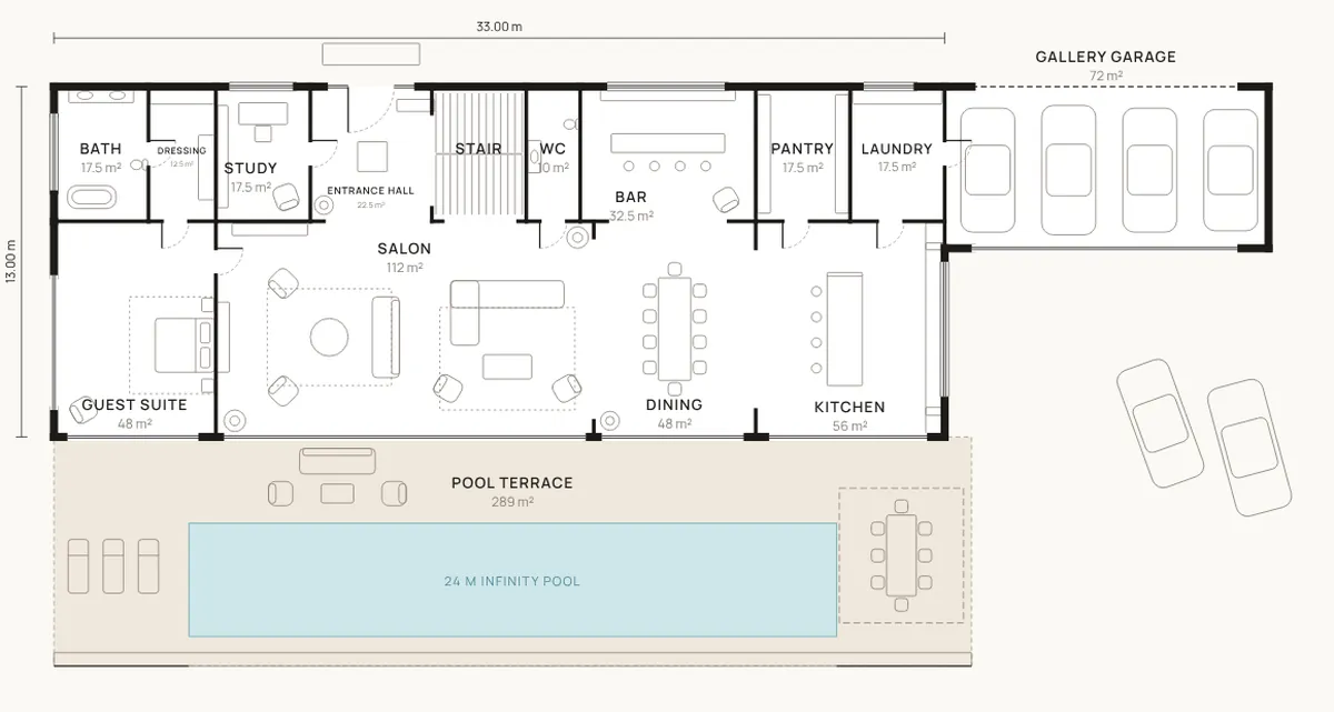 Casa Concha ground floor plan: salon, dining, kitchen, guest suite and pool terrace