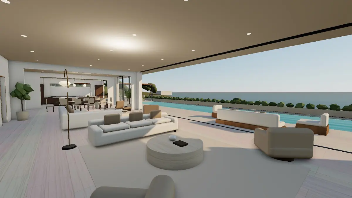 The same salon in the 3D walkthrough, opening onto the infinity pool