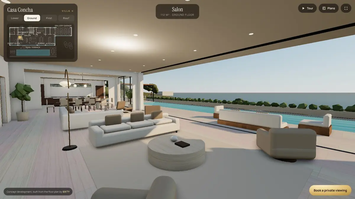 The walkthrough interface with a floor plan minimap, room names and a book a viewing button