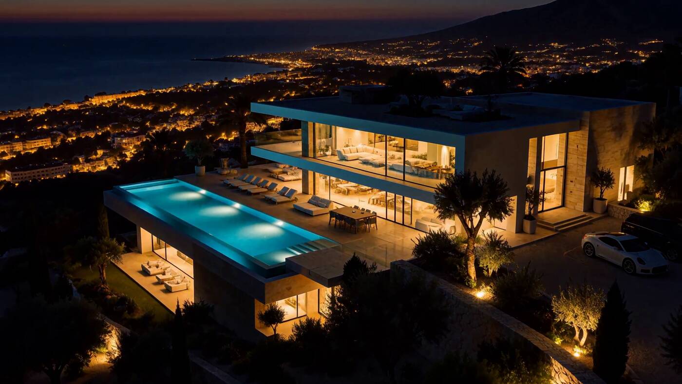 Casa Concha at dusk with the pool and interiors lit