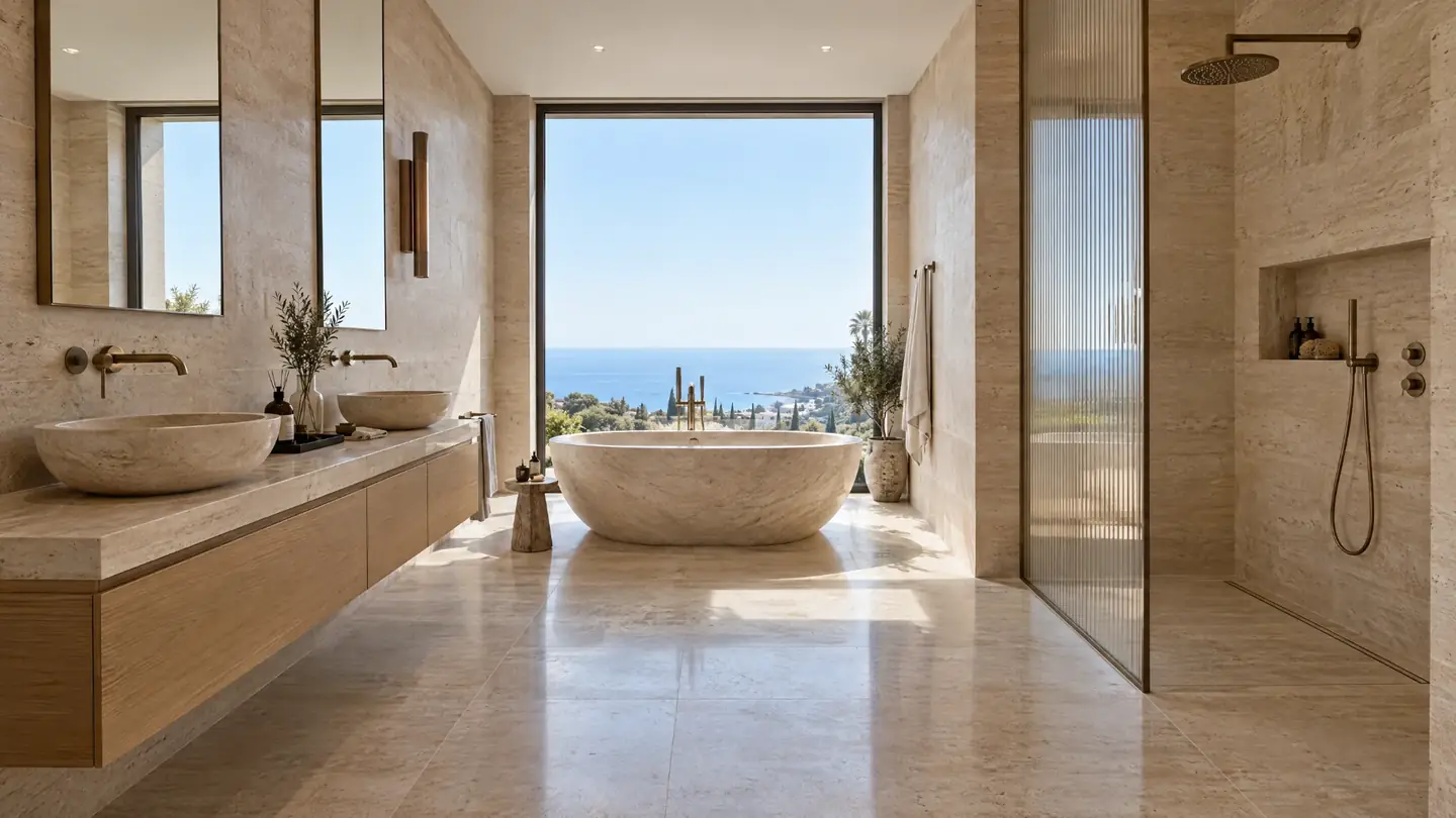 Casa Concha master bath: Carved stone tub facing the sea