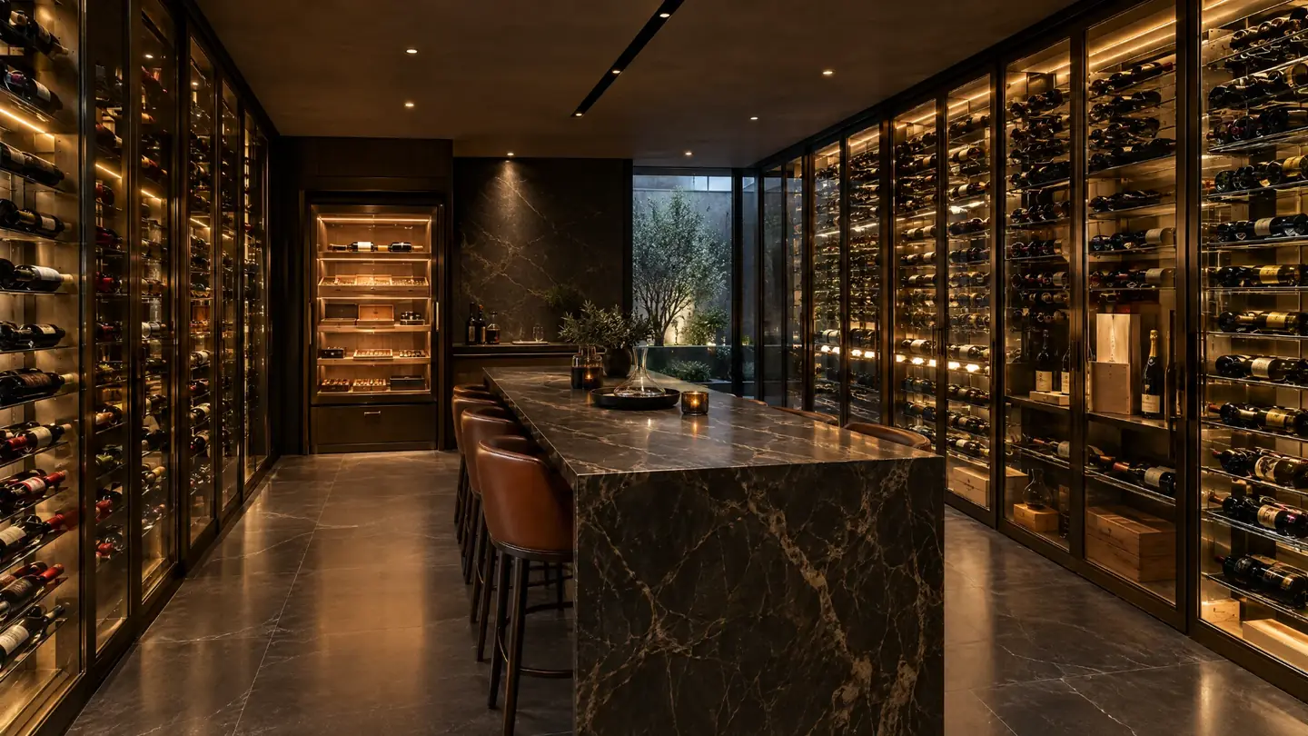 Casa Concha wine cellar: Glass racks and a tasting table