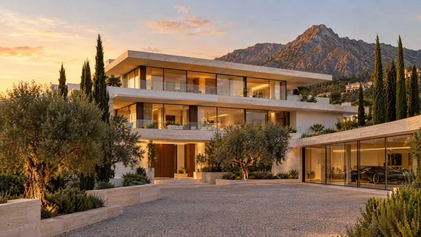 Casa Concha arrival court: Golden hour from the drive, La Concha behind