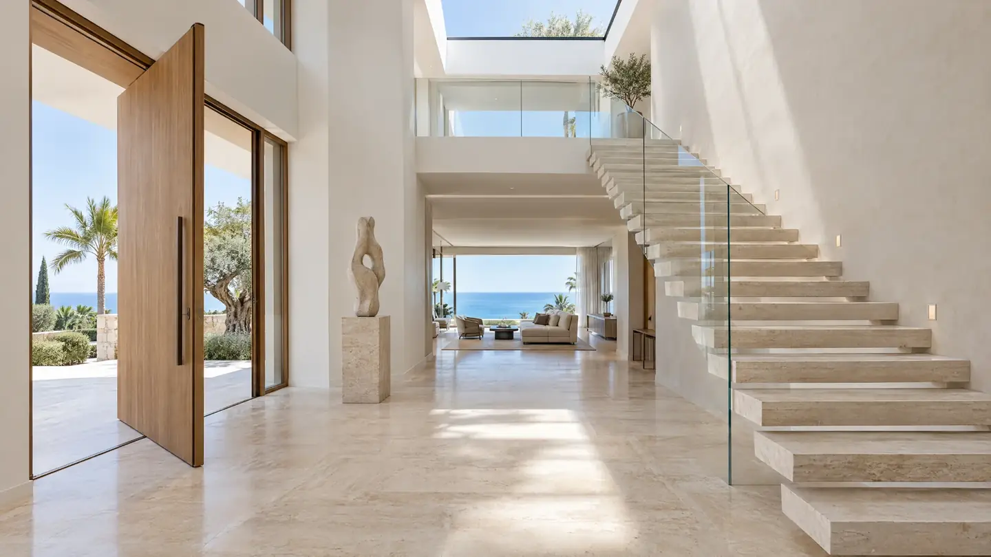 Casa Concha entrance hall: Pivot oak door, floating travertine stair