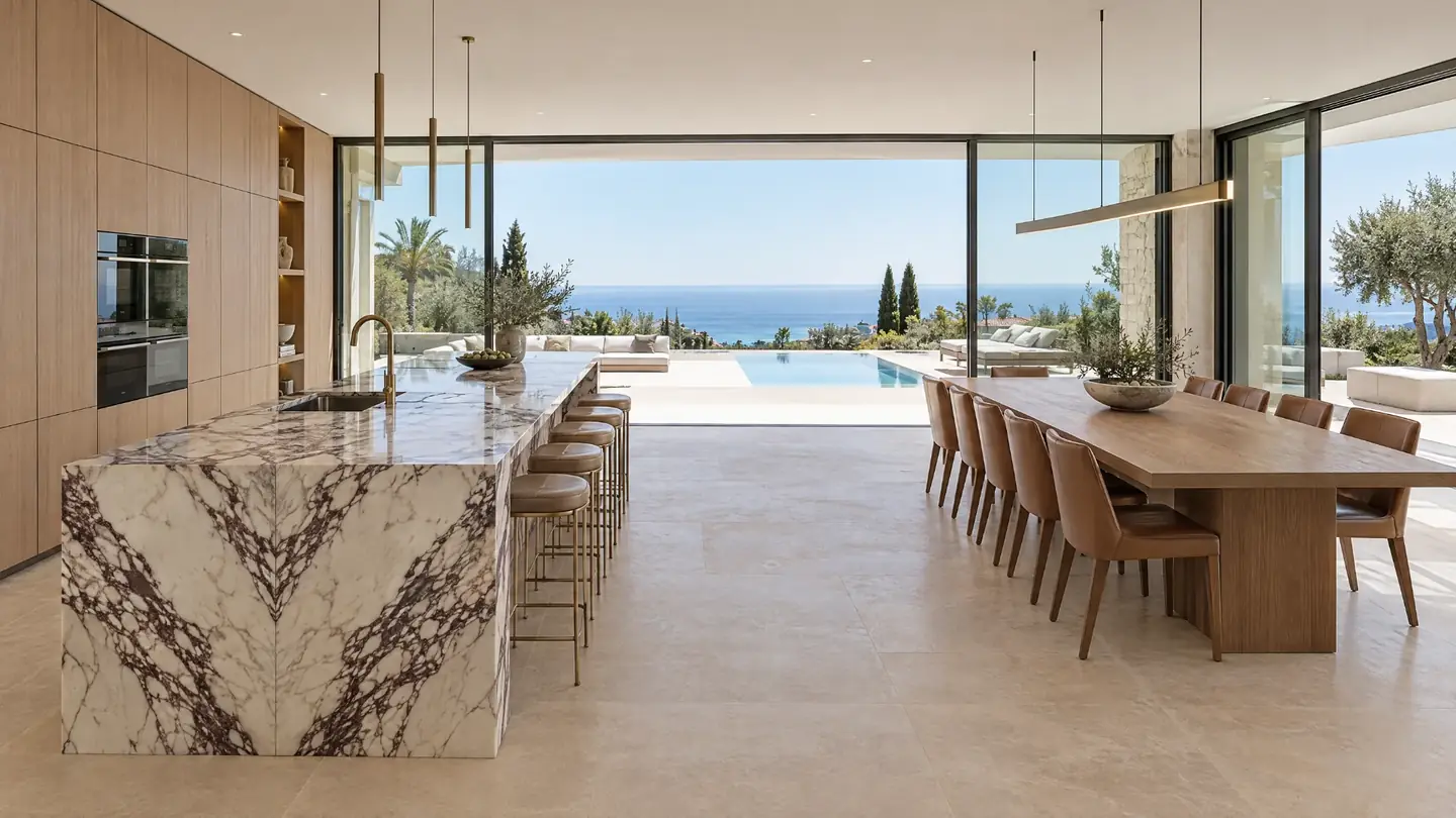 Casa Concha kitchen & dining: Calacatta Viola island, ten-seat oak table