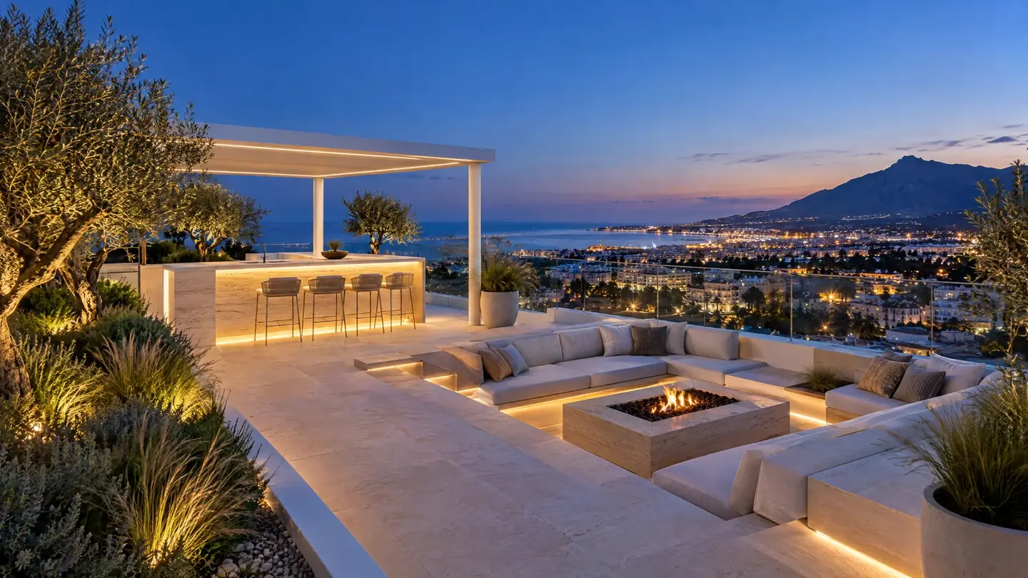 Casa Concha rooftop bar: Fire pit, bar and roof garden at blue hour